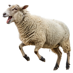 Fototapeta premium Isolated sheep with open mouth and raised legs on a white background in a full shot studio setting