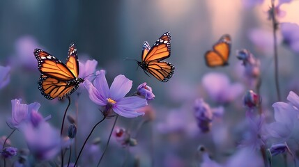 Butterflies flutter over violet cosmos flowers