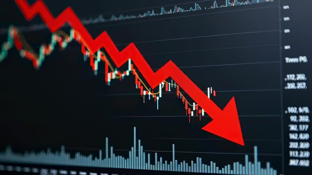 Red arrow showing downward trend on stock market chart. Financial crisis, economic recession and investment loss concept. Business decline with bearish market data.