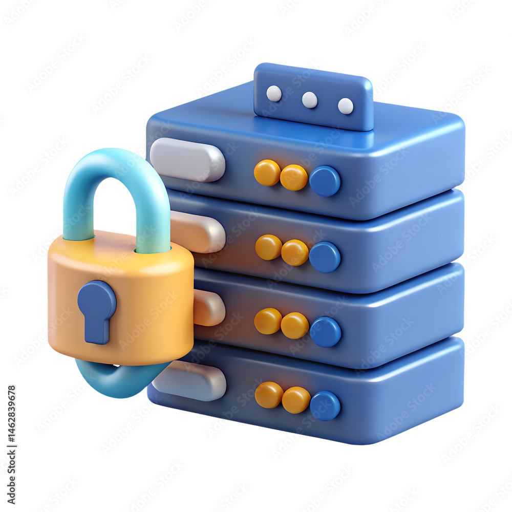 Poster 3d render of a padlock protecting a server rack, illustrating data security and cybersecurity