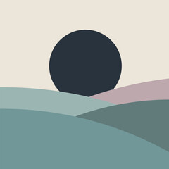 Night Landscape. Abstract night landscape with a bold dark moon and soft hills in muted tones, great for moody, minimal decor and poster designs.