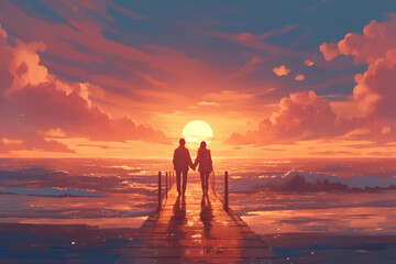 Fototapeta premium Couple walk on pier at sunset.