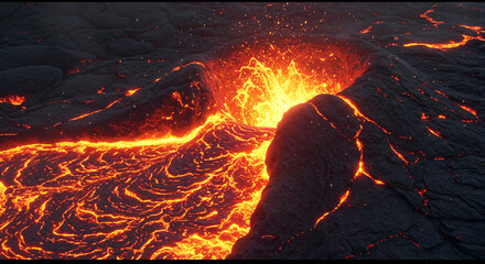 Molten lava flowing from an erupting volcano at night  