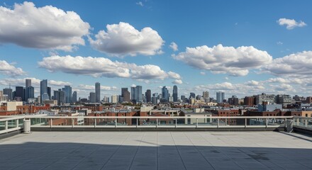 Naklejka premium Rooftop View Cityscape with Blue Sky - Urban panorama, city skyline, rooftop perspective, blue sky, fluffy clouds, peaceful scene. Symbolizes: freedom, opportunity, ambition, tranquility, growth