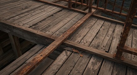 Obraz premium Rustic Wooden Deck Structure - Overhead view of aged, weathered wooden planks forming a deck structure with rusty metal supports. Shows texture and decay