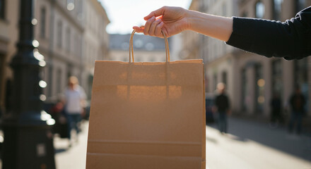 Hand holding shopping bag on busy street background  