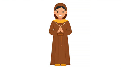 A smiling cartoon woman in a brown religious habit with a hood and rosary stands with her hands clasped in prayer against a white background