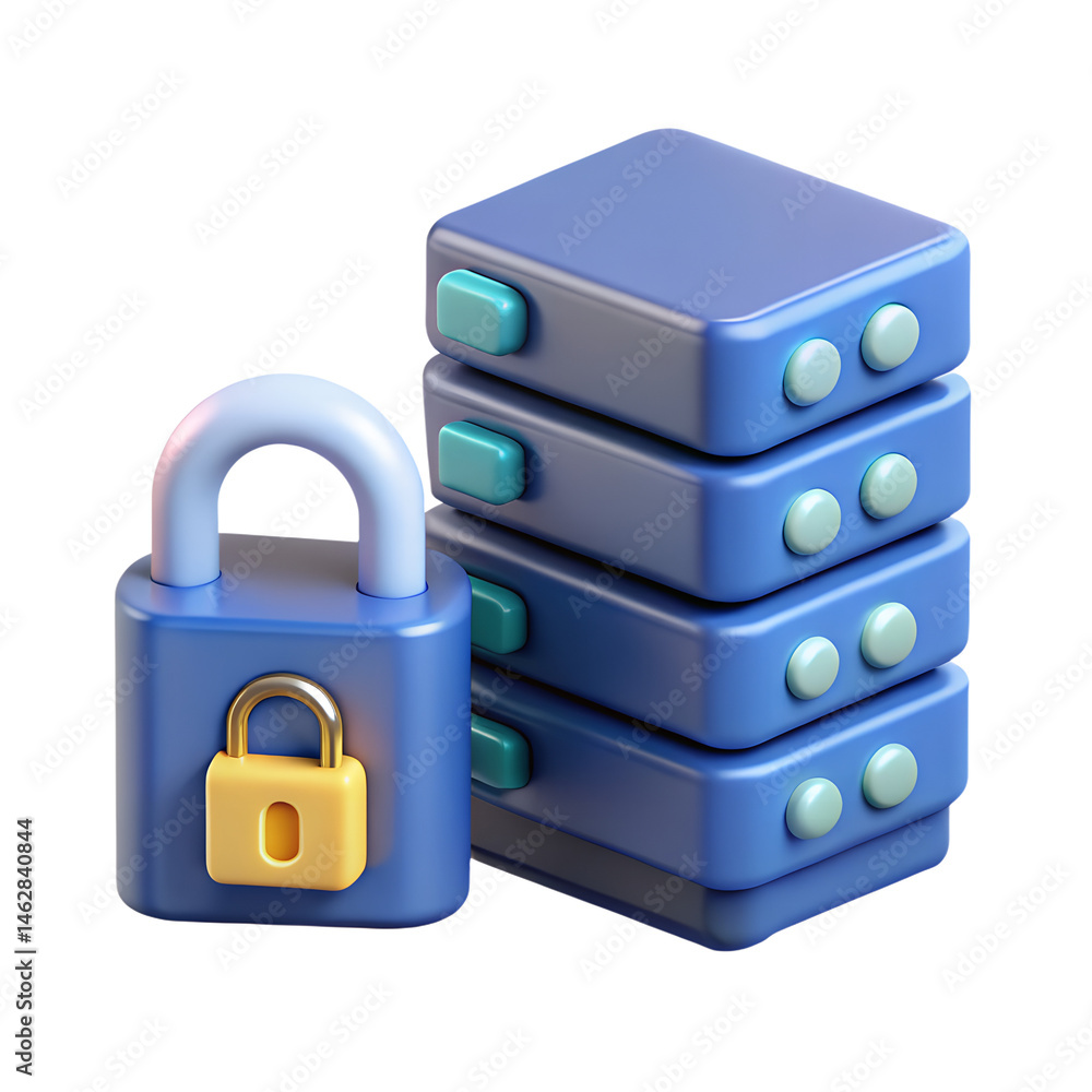 Aufkleber 3d render of a padlock protecting a server rack, data security concept