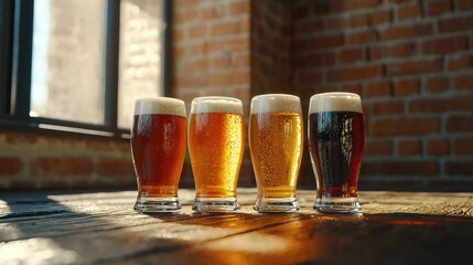 Four craft beers in various shades, on a wooden table, in front of a brick wall