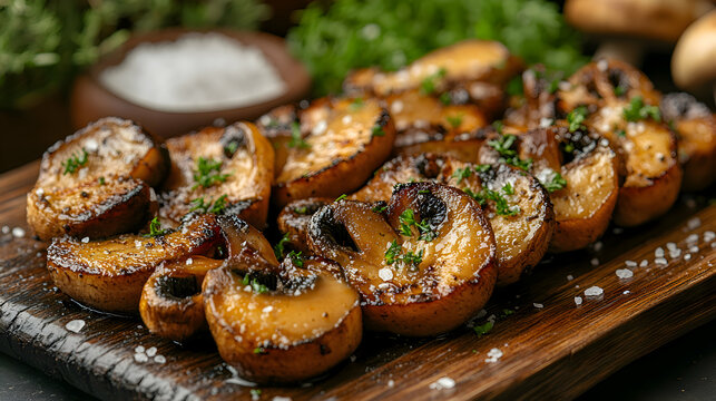 Niscalos a la Plancha, Grilled Wild Mushrooms served on a rustic wooden plate, drizzled with olive oil and sprinkled with sea salt