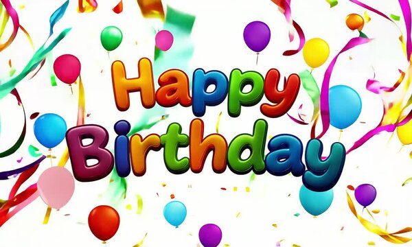 Happy birthday colorful animated greeting with balloons and confetti on white background