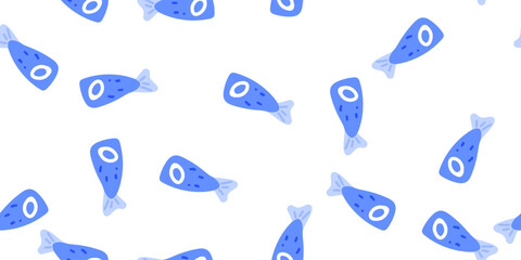 Seamless blue cartoon fish pattern with stylized aquatic animals arranged on a clean white background. Playful and minimal design for ocean-themed projects.