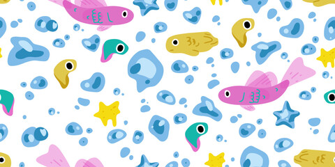 Seamless colorful cartoon fish pattern with multicolored fish, bubbles, drops, and star elements. Bright and fun underwater concept in a flat doodle style.

