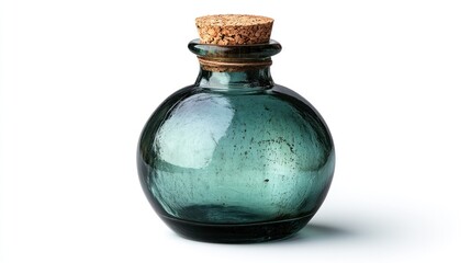 Teal glass bottle with cork stopper on white
