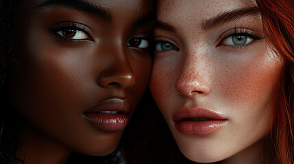 Close-up photo of two beautiful models of different races and hairstyles posing for an advertisement for a luxury skin care product.