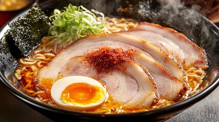 A delicious bowl of ramen topped with tender slices of pork, a soft-boiled egg, and vibrant green onions, viewed from an angle
