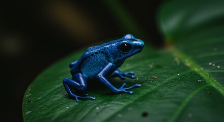 Obraz premium Vibrant Blue Frog on Leaf - A striking blue frog sits on a lush green leaf, showcasing its vibrant color and intricate details