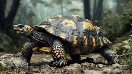 Obraz premium Tortoise walking forest path, misty background, nature scene, wildlife