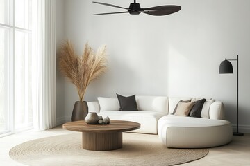 Modern minimalist living room featuring a light beige sectional sofa, a round wooden coffee table, and pampas grass.  A ceiling fan hangs above, and natural light floods the room