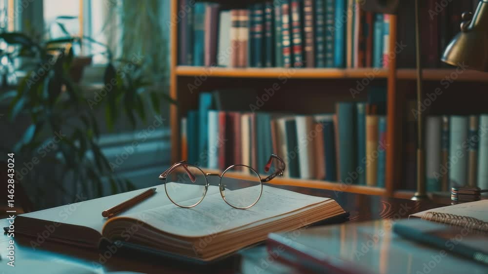 Aufkleber Indoor shot of an open book with a pair of spectacles and a pen, set against a backdrop of a bookcase filled with books. The scene evokes a sense of nostalgia and intellectual curiosity.