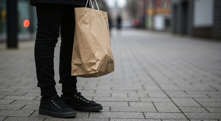 Person standing with shopping bag on urban sidewalk  