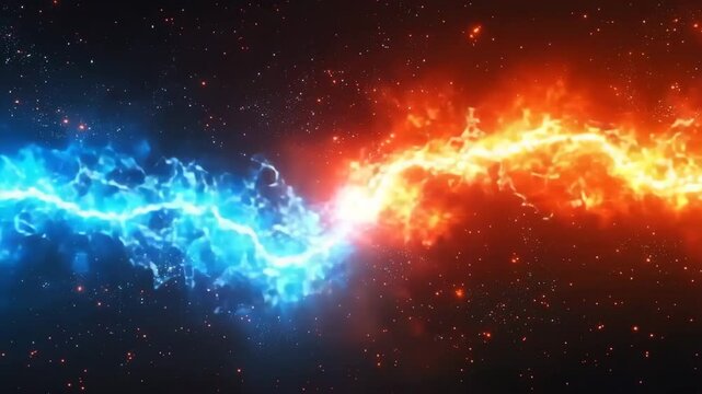 Dramatic collision of two lightning bolts, energy and confrontation