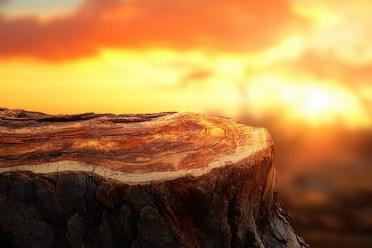 A tree stump at sunset, warm golden light, nature background.