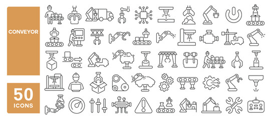 Set of 50 line icons related to conveyor, machinery, mass production, manufacture, automated, production, conveyance, Editable stroke. Vector illustration