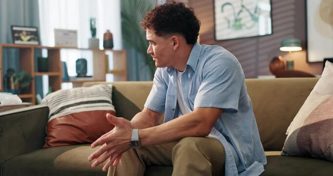 Anxiety, man and nervous on sofa in home with stress, trauma or stimming with overthinking. Mental health, worry or person with depression in lounge with fear, emotions or overwhelmed by panic attack