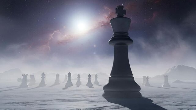 Chess king in a misty snow landscape
