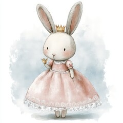 Obraz premium This delightful artwork features a plush bunny dressed in a pastel pink gown adorned with silver lace