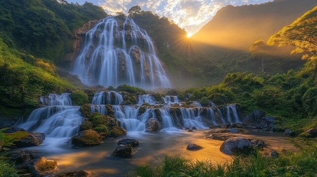 Waterfall cascading down rocky terrain bathed in golden sunrise. Lush greenery surrounds the serene scene