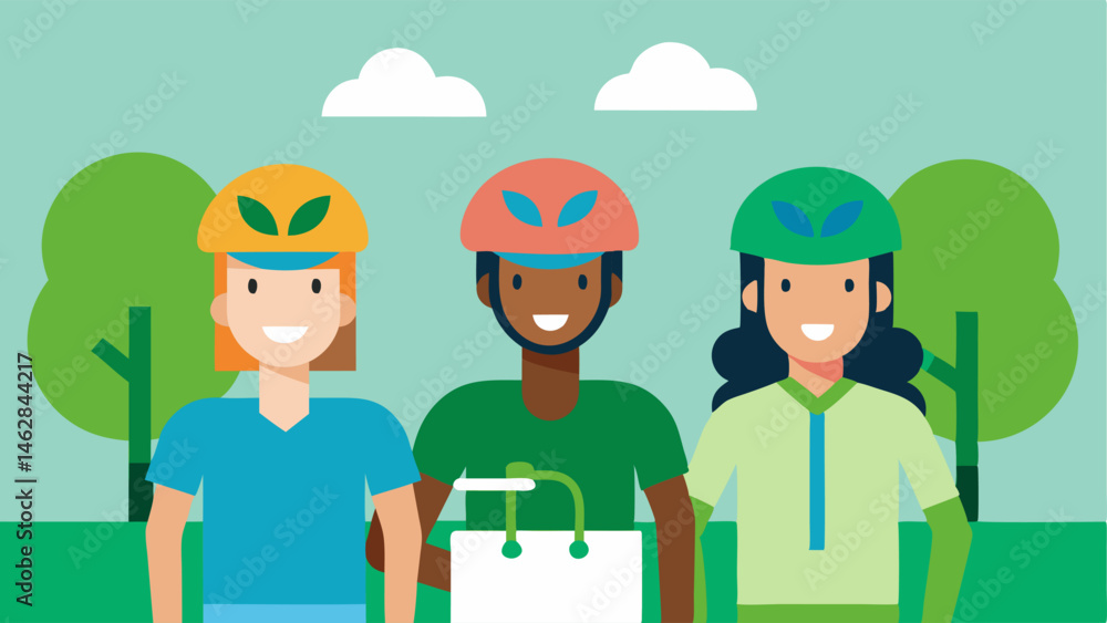 Poster group of cyclists a diverse group of three cyclists riding together each adorned with colorful helme
