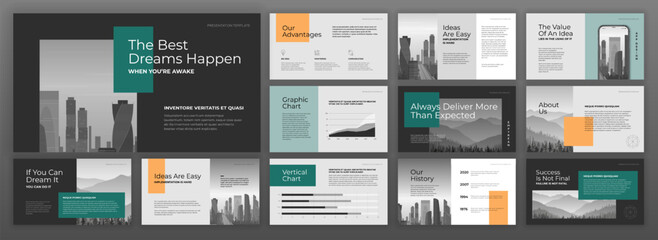 Minimalistic Powerpoint presentation template set. Modern Keynote presentation background, brochure cover design, brand guidelines, proposal presentation, annual report, company profile, pitch deck.