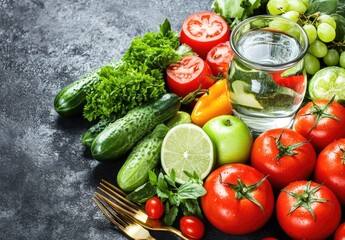 Fresh, vibrant assortment of colorful vegetables and fruits, a glass of water, and forks.  Variety of produce including tomatoes, cucumbers, bell peppers, grapes, limes, apples, and leafy greens. 