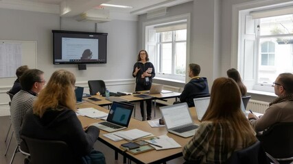 In a naturally lit room, a presenter addresses colleagues around a table during a presentation. Laptops are open as attendees engage, fostering collaborative learning in a professional setting. - Powered by Adobe