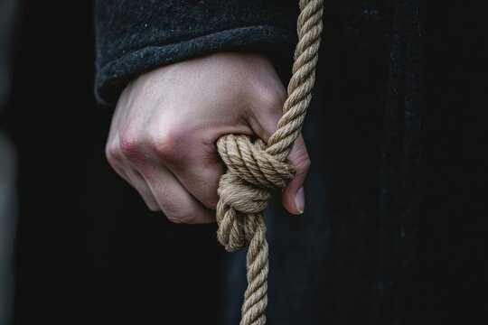 Hand tightly gripping a knotted, twisted rope, symbolizing stress, struggle, or captivity in a dark setting.