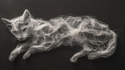 Abstract white thread cat sleeping on dark background
