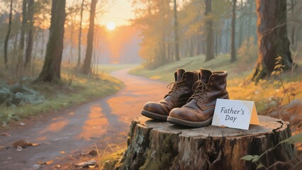 A Father's Day message with hiking boots on a tree stump at sunset in the forest, creating a warm and loving atmosphere 8K