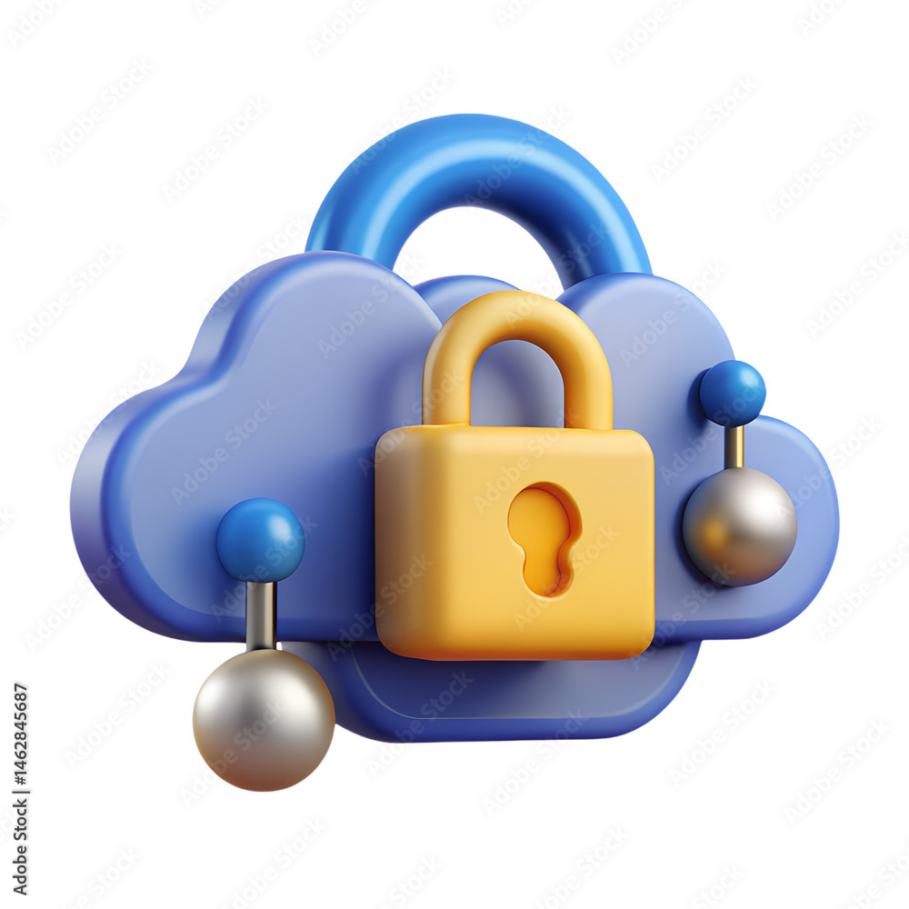 Poster 3d render of cloud computing security padlock protecting data in the cloud