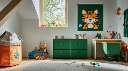 Bright children's playroom with green furniture and tiger wall art