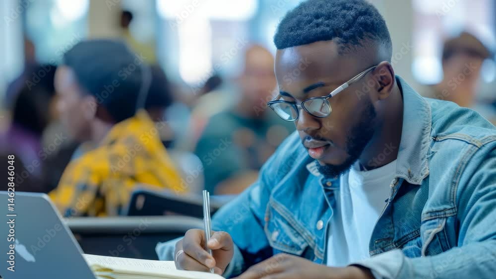 Poster a young man wearing glasses and a denim jacket is attentively writing in a notebook, next to a lapto