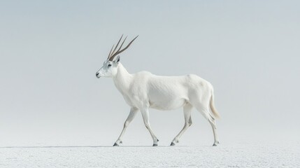 White antelope walking salt flat, desert background, wildlife photography