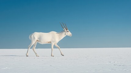 White antelope walking snowy plains, clear sky. Wildlife photography for nature documentaries