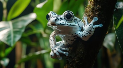 White-spotted frog on branch, rainforest, closeup