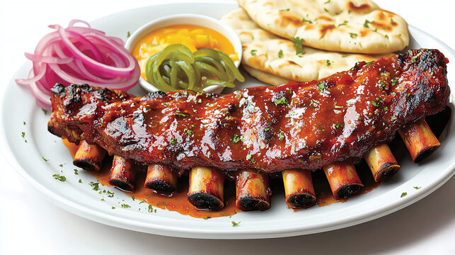 Large plate of glazed ribs, accompanied by naan bread and a side of chutney and onions.