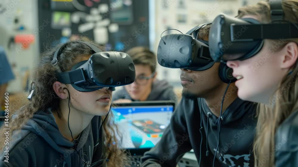 Aufkleber Diverse students in a classroom setting are engrossed in virtual reality experiences, using VR headsets. A laptop shows 3D designs, suggesting a focus on tech and interactive learning.