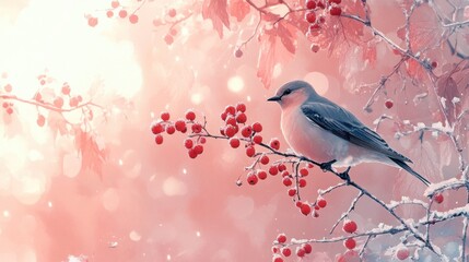 Winter bird on snowy branch, berries, sunrise