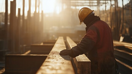 Fototapeta premium Construction Worker Inspecting Steel Beams at Sunset
