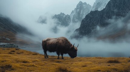 Yak grazing, foggy mountain pasture, autumn